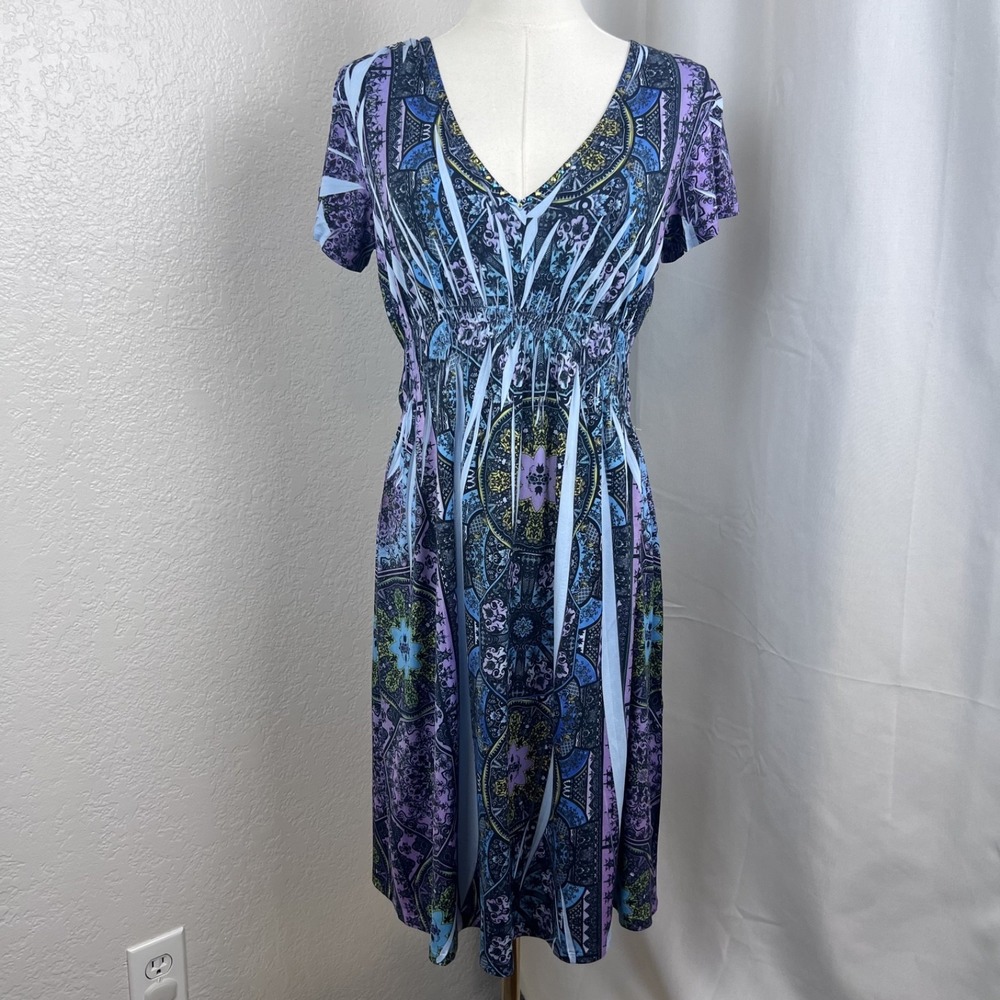 One World Dress Womens Small Blue Mosaic Knee Length Boho Hippie Stretch Y2K